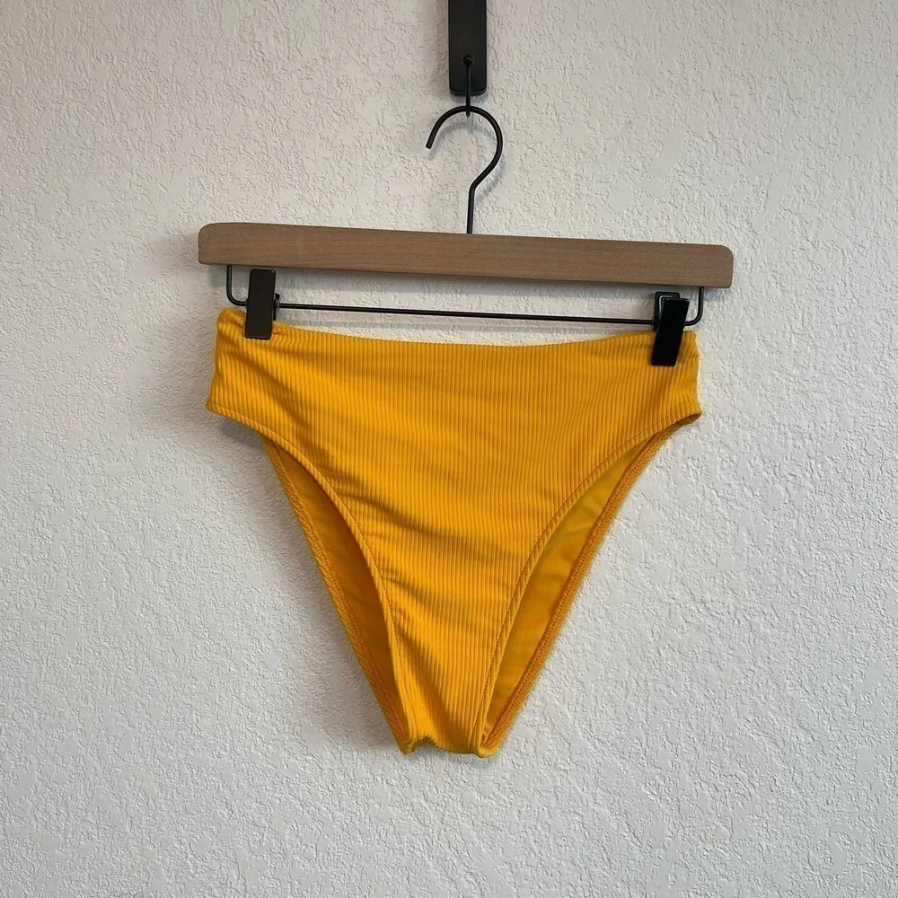 Frankies Bikinis Jenna Ribbed High Waist Cheeky Bikini Bottom Citrus Orange M
